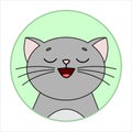 Cute Joyful Cat, Round Icon, Emoji. Gray Cat With Whiskers Smiles, Eyes Closed. Vector Image Isolated Royalty Free Stock Photo