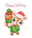 Cute joyful Christmas reindeer animal carry stack of wrapped presents, Happy Holiday, cartoon animal character watercolour hand Royalty Free Stock Photo