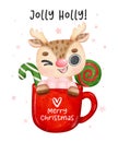 Cute joyful Christmas reindeer animal in Hot Chocolate cup, Happy Holiday, cartoon animal character watercolour hand drawing