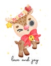 Cute joyful Christmas reindeer animal with ornaments hanging from antlers, cartoon animal character watercolour hand drawing