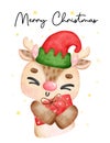 Cute joyful Christmas reindeer animal squeeze wrapped present box, merry christmas, cartoon animal character watercolour hand Royalty Free Stock Photo