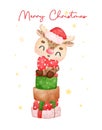 Cute joyful Christmas reindeer animal on stack of wrapped presents, Merry Christmas, cartoon animal character watercolour hand