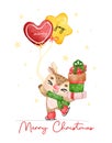 Cute joyful Christmas reindeer santa helper on skating holding stack of wrapped presents, cartoon animal character watercolour