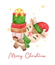 Cute joyful Christmas reindeer Santa helper wear elf hat holding stack of wrapped presents, merry christmas time, cartoon animal