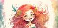 Cute joyful girl with red hair in a watercolor hand drawn style on a white background with watercolor blots.