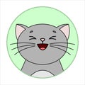 Cute Joyful, Happy Cat, Round Icon, Emoji. Gray Cat With Whiskers Smiles While Squinting. Vector Image Isolated On A White