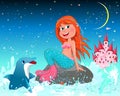 Cute joyful little mermaid and dolphin Royalty Free Stock Photo