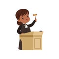 Cute judge girl cartoon character standing at tribunal with gavel vector Illustration on a white background