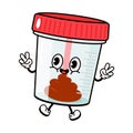 Cute jumping container for analysis feces character. Vector hand drawn traditional cartoon vintage, retro kawaii