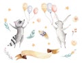 Cute jumping raccoon and bunny animal illustration for kids Watercolor boho forest cartoon Birthday patry rabbit