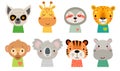 Cute Jungle animal faces. Hand drawn characters. Sweet funny animals