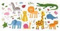 Cute jungle animal silhouettes, floral elements. Zebra, snail and turtle, tiger baby, lion and giraffe, wild african zoo Royalty Free Stock Photo