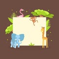 Cute Jungle Animals with Blank Banner, Flamingo, Monkey, Elephant, Giraffe, Standing Next to the Blank Signboard Vector