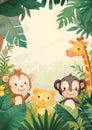 Cute jungle animals peeking from lush foliage. Royalty Free Stock Photo