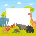 Cute Jungle Animals with White Empty Banner, Giraffe, Elephant, Lion, Monkey, Rhino, Orangutan, Turtle Standing Next to Royalty Free Stock Photo