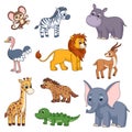 Cute jungle cartoon animals. Safari animal, isolated giraffe, lion and zebra. Kids hippo and monkey. Baby garish wild