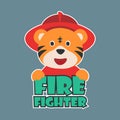 Cute junior fire fighter. Cartoon hand drawn vector illustration. Can be used for t-shirt print, kids wear fashion design, fabric