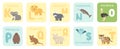 Cute K-T alphabet cards with cartoon savannah African animals. Vector zoo illustrations. Koala, lion, Muskox, narwhal, ostrich, Royalty Free Stock Photo