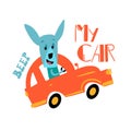 Cute kangaroo travels in car. Slogan letters written by hand. Fancy font funny illustration for print. Vector