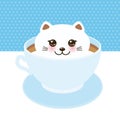 Cute Kawai cat in blue cup of froth art coffee, coffee art isolated on white background. Latte Art 3D. milk foam top on the cup o Royalty Free Stock Photo