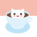 Cute Kawai Cat In Blue Cup Of Froth Art Coffee, Isolated On White Pink Polka Dot Wall Background. Latte Art 3D. Milk Foam Top On T