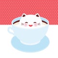 Cute Kawai Cat In Blue Cup Of Froth Art Coffee, On White Pink Polka Dot Wall Background. Latte Art 3D. Milk Foam Top On T