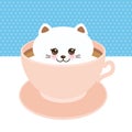 Cute Kawai cat in pink cup of froth art coffee, coffee art isolated on white blue background. Latte Art 3D. milk foam top on the c Royalty Free Stock Photo