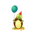 Cute kawai turtle in birthday hat holding balloon in hand isolated on white background