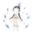 Cute kawaii American Indian girl with feathers around