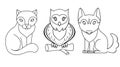 Cute kawaii animals - dog, cat and owl - linear vector set for coloring. Outline. Hand drawing. Cute animals pets for kids colorin Royalty Free Stock Photo