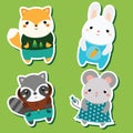 Cute kawaii animals stickers set. Vector illustration. Fox, rabbit, raccoon, mouse