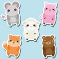 Cute kawaii animals stickers set. Vector illustration. Mouse, pig, sheep, fox, bear Royalty Free Stock Photo