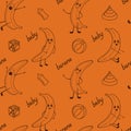 Cute kawaii bananas vector seamless pattern on orange background Royalty Free Stock Photo