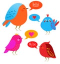 Cute kawaii birds with speech bubbles. Vector illustration, design elements, stickers Royalty Free Stock Photo