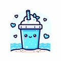 Cute kawaii blue smoothie drink with a straw, and hearts on a sea beach, vector illustration, generative ai