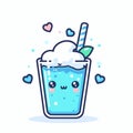 Cute kawaii blue smoothie drink with straw, leaf, and hearts, delicious, vector illustration, generative ai