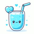 Cute Kawaii blue smoothie with a straw in a glass and hearts. Vector illustration, generative ai