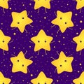 Cute, kawaii, bright smiling stars seamless sweet pattern. Vector texture with little happy magic stars, night sky