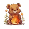 Cute kawaii brown bear holding a jar of honey.