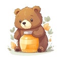 Cute kawaii brown bear holding a jar of honey.