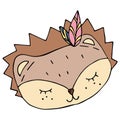 Cute kawaii brown hedgehog with Indian feathers and ornaments, head with muzzle, color vector element