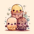 Cute kawaii bubble tea drinks cartoon characters