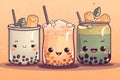 Cute kawaii bubble tea drinks cartoon characters