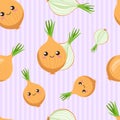 Cute kawaii bulbs of onions with smiling faces, eyes and green arrows