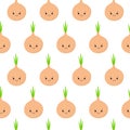 Cute kawaii bulbs of onions with smiling faces, eyes and green arrows of onion, on white background, seamless vector pattern Royalty Free Stock Photo