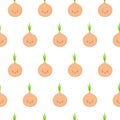 Cute kawaii bulbs of onions with smiling faces, eyes and green arrows of onion, on white background, seamless vector pattern Royalty Free Stock Photo