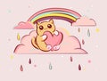 Cute kawaii cartoon cat with heart on pink clouds vector illustration Royalty Free Stock Photo