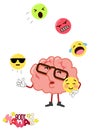 Cute kawaii cartoon character brain, juggling with emoticons