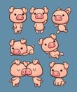 Cute kawaii cartoon pigs in different poses