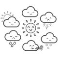 Cute kawaii cartoon weather symbols with faces. Childrens vector illustration of sunshine, clouds, rain, snow, wind and thunder. Royalty Free Stock Photo